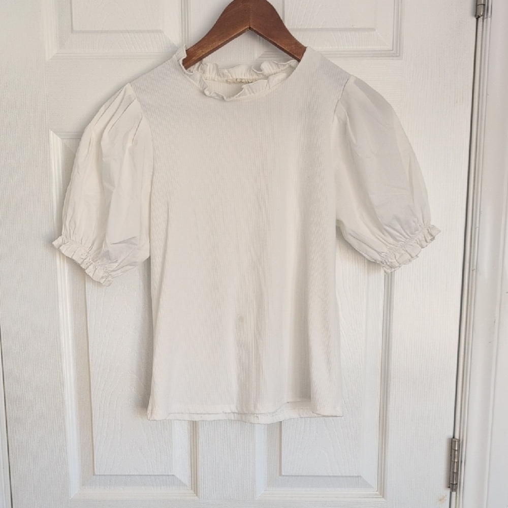 Hayden Girls Cream Puff Sleeve Ruffle Neck Top